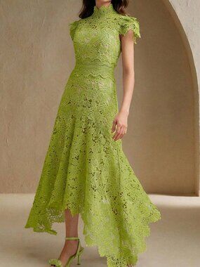 Green Elegant Women's Loose Short Sleeve Asymmetric Hem Maxi Dress